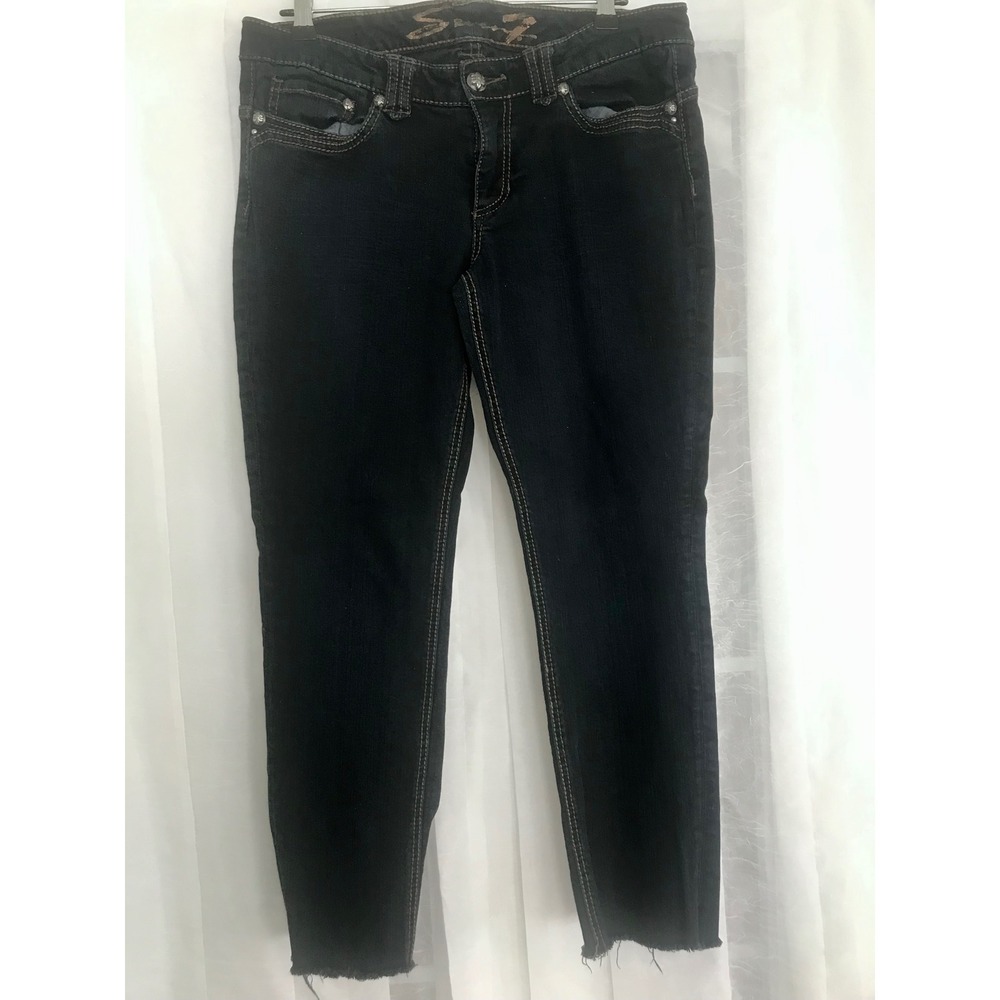 Seven7 Womens Dark Wash Skinny‎ Jeans Raw Hem Contrast Stitch Size 12